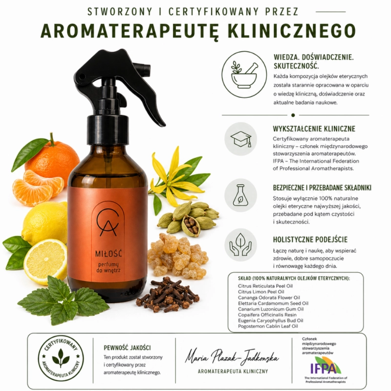 Spray MIŁOŚĆ stworzony przez aromaterapeutę klinicznego z olejków eterycznych badanych metodą GC/MS