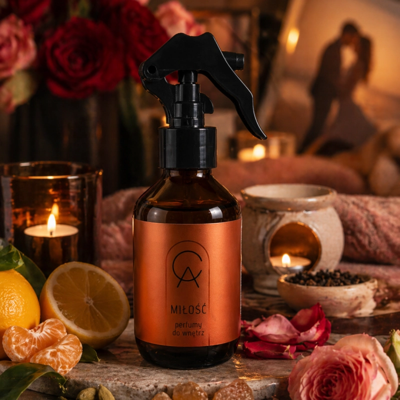 Aromaterapeutyczny spray MIŁOŚĆ Cananga w romantycznej aranżacji ze świecami, różami i cytrusami