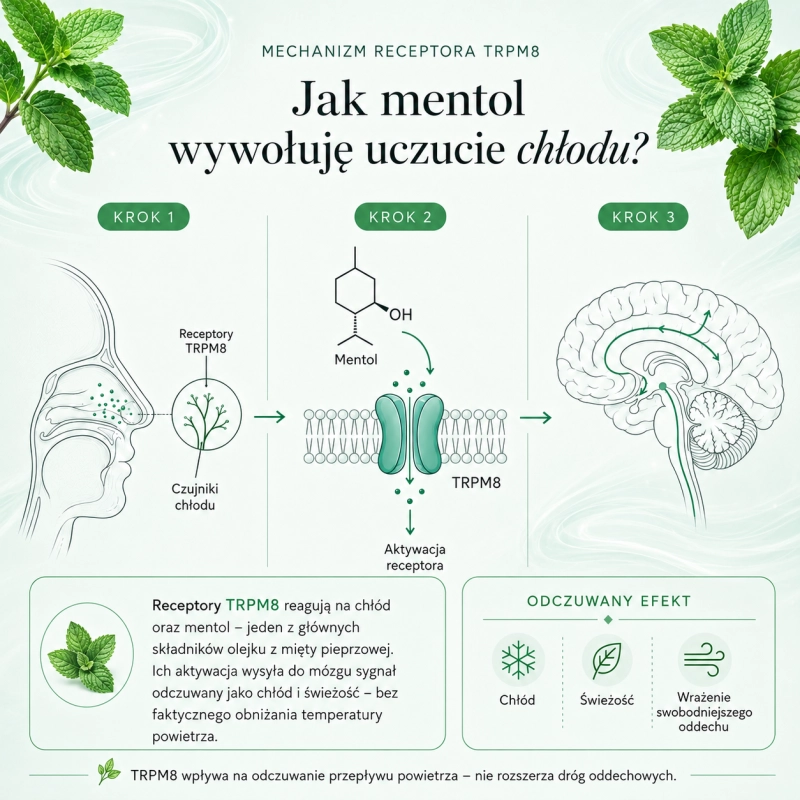 Infografika pokazująca, jak mentol – jeden z głównych składników naturalnego olejku eterycznego z mięty pieprzowej Cananga – aktywuje receptor TRPM8 i wywołuje uczucie chłodu.