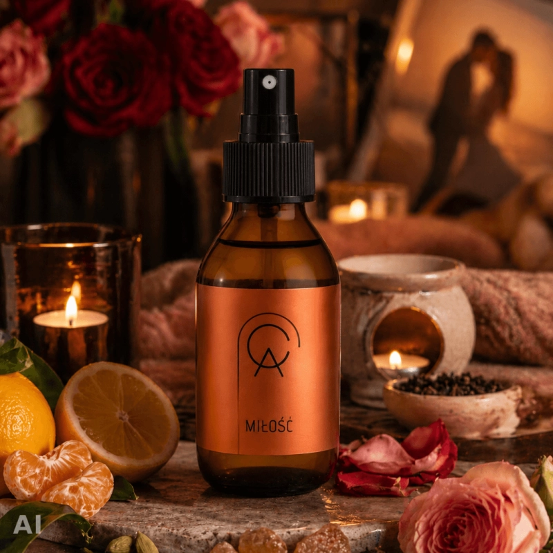Aromaterapeutyczny spray MIŁOŚĆ Cananga w romantycznej aranżacji ze świecami, różami i cytrusami