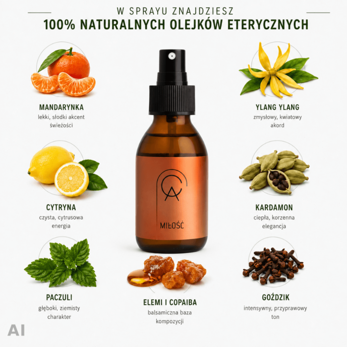 Aromaterapeutyczny spray MIŁOŚĆ Cananga w romantycznej aranżacji ze świecami, różami i cytrusami