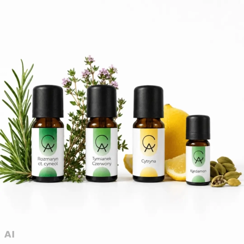 Zestaw podstawowy do aromaterapii według Valie Ann Worwood Olejek eteryczny rozmarynowy, Olejek eteryczny tymiankowy, Olejek eteryczny cytrynowy, Olejek eteryczny kardamonowy
