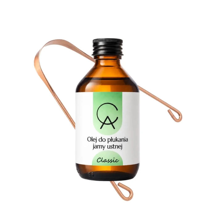 Olej do płukania ust CLASSIC z olejkami eterycznymi, 150 ml + miedziany czyścik do języka (zestaw)