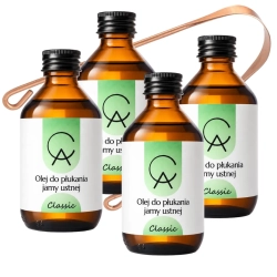 Zestaw CLASSIC – olej do płukania ust z olejkami eterycznymi, mocno odświeżający, 4×150 ml + Czyścik GRATIS