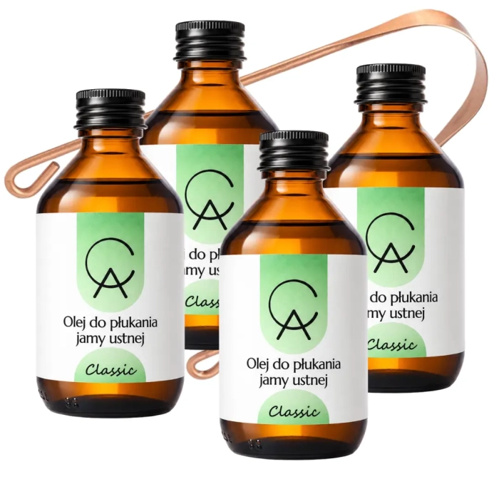 Zestaw CLASSIC – olej do płukania ust z olejkami eterycznymi, mocno odświeżający, 4×150 ml + Czyścik GRATIS